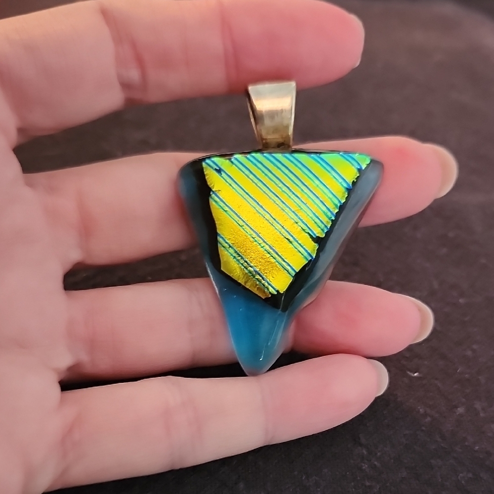 Handcrafted Blue and Gold Stained Glass Triangle Pendant